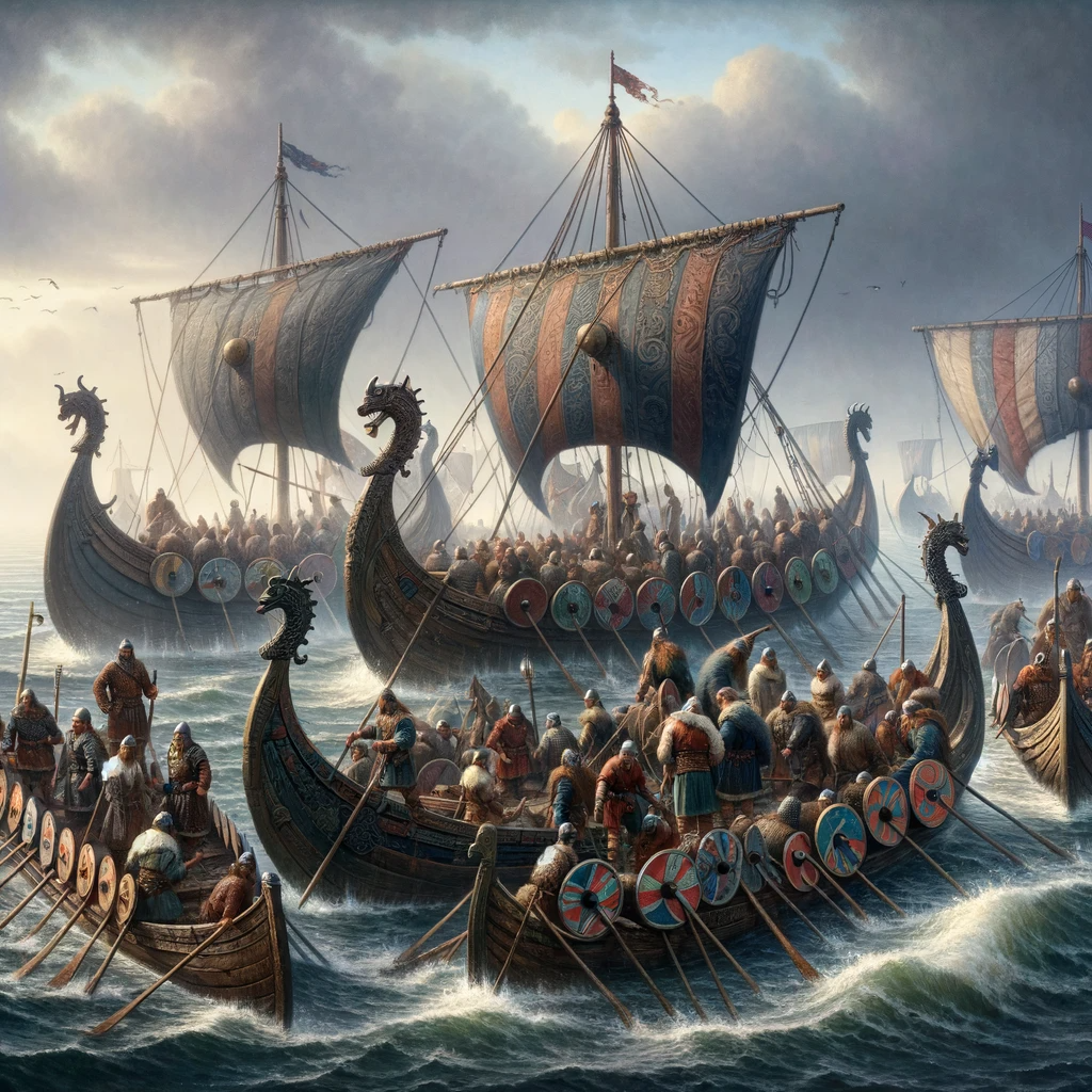 Flotte de navires vikings prêts pour lancer un raid